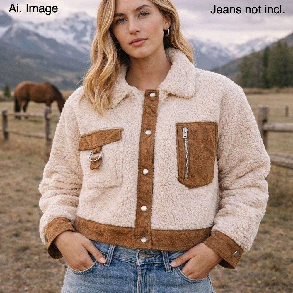 Womens Sm. Western Sherpa Jacket Faux Suede Trim‎ Snap Front Cropped Ranch Coat